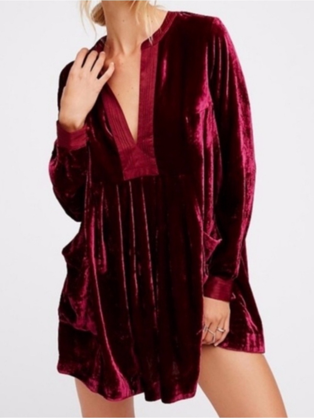 Free People Choose Me Velvet Mini Dress in Burgundy - Picture 1 of 12